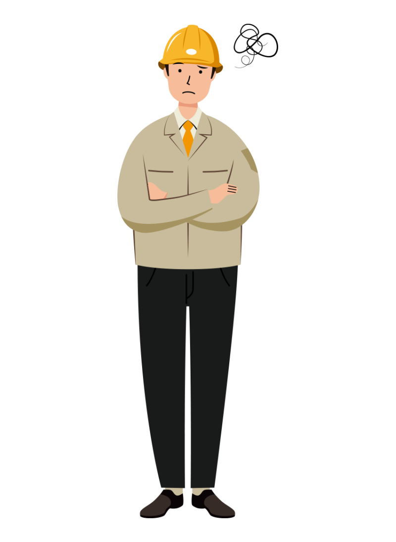 困った表情の安全ヘルメット着用の作業員のイラスト