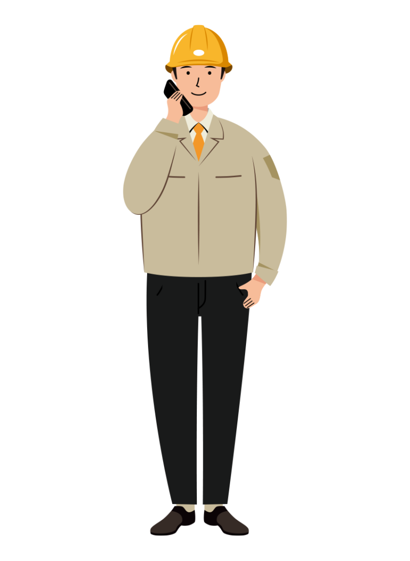 スマホで電話をする安全ヘルメット着用の作業員のイラスト