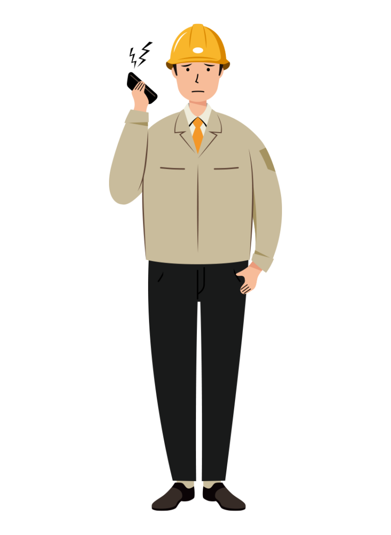 クレームの対応する安全ヘルメット着用の作業員のイラスト