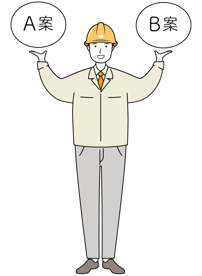 明るい笑顔で企画提案をする安全ヘルメット着用の作業員のイラスト