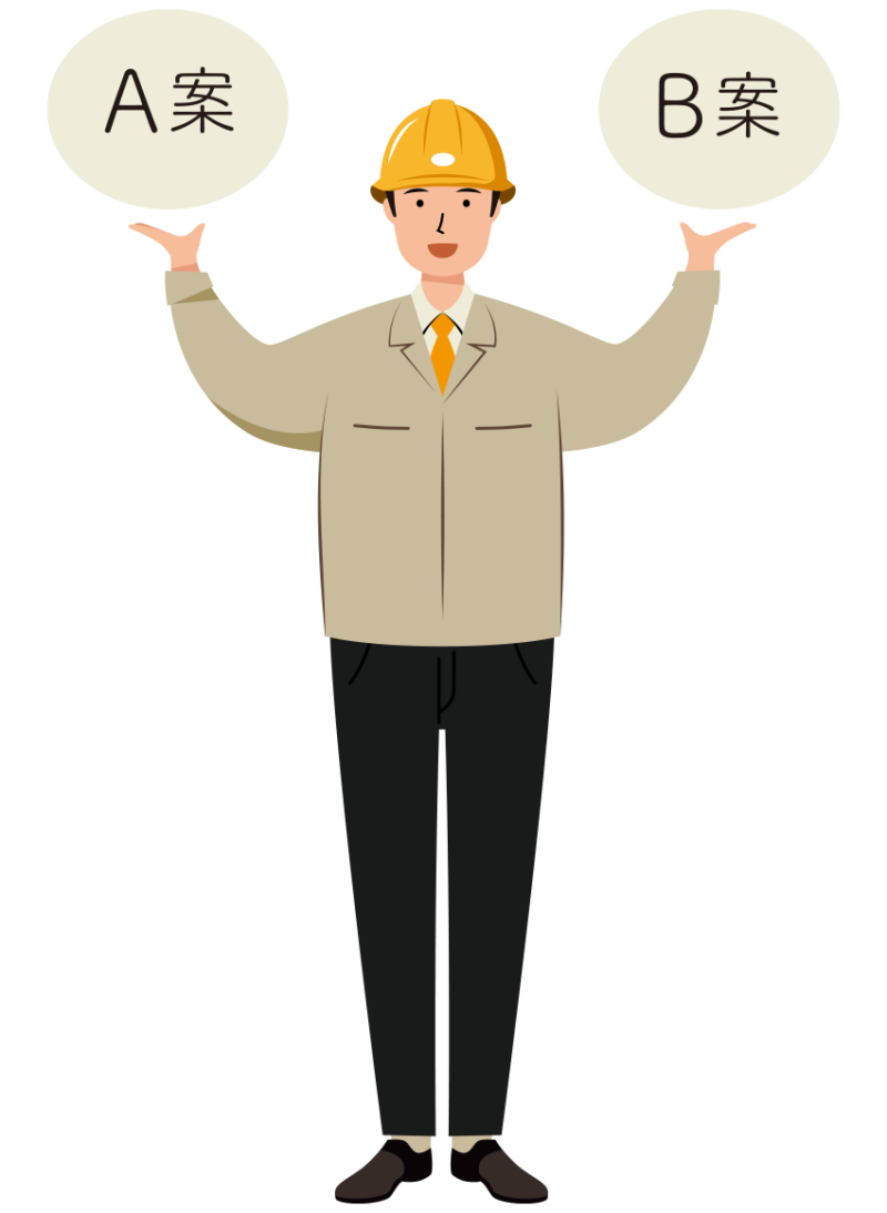 明るい笑顔で企画提案をする安全ヘルメット着用の作業員のイラスト