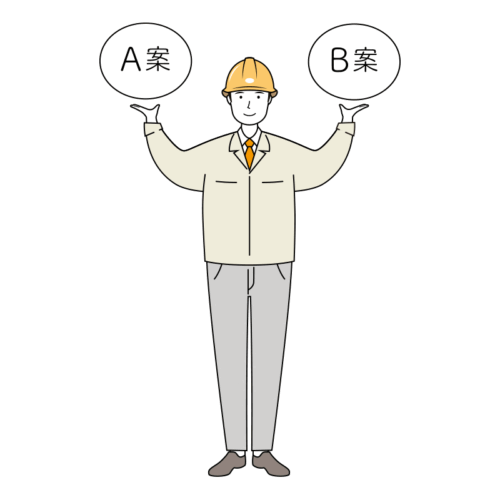 企画提案をする安全ヘルメット着用の作業員のイラスト