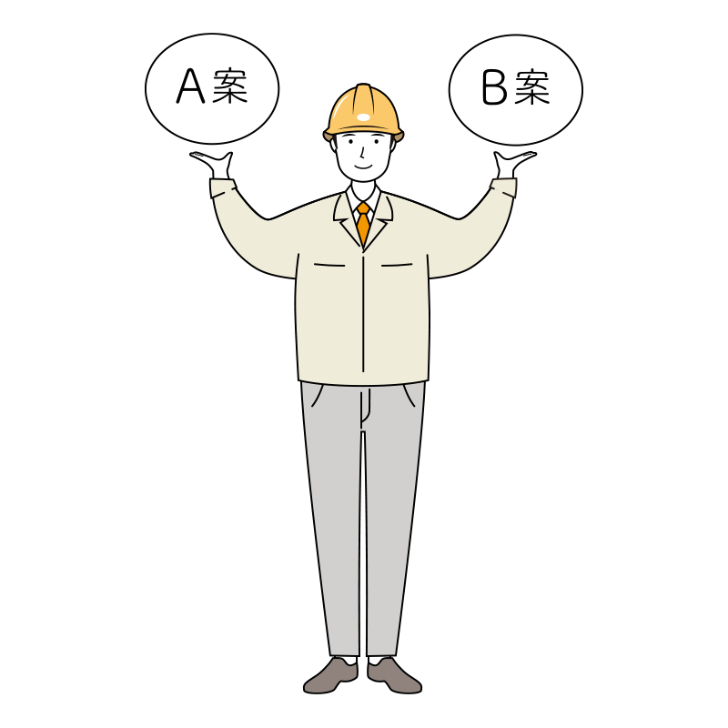 企画提案をする安全ヘルメット着用の作業員のイラスト