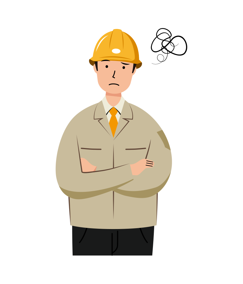 困った表情の安全ヘルメット着用の作業員のイラスト-上半身