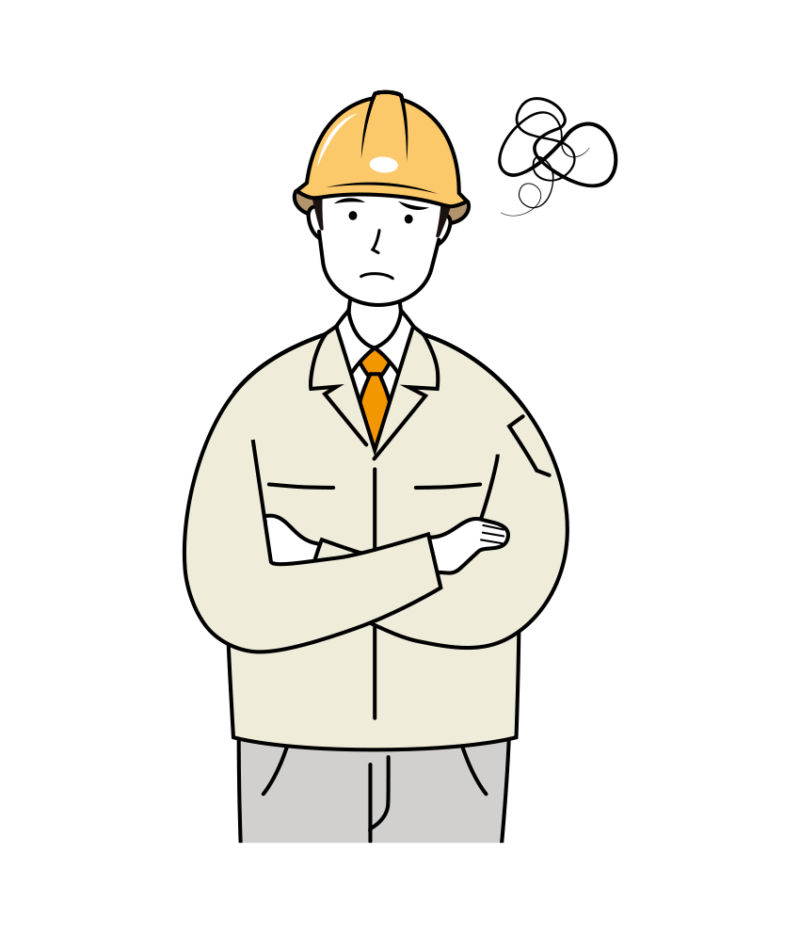 困った表情の安全ヘルメット着用の作業員のイラスト-上半身