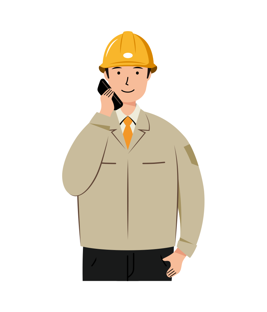 スマホで電話をする安全ヘルメット着用の作業員のイラスト-上半身