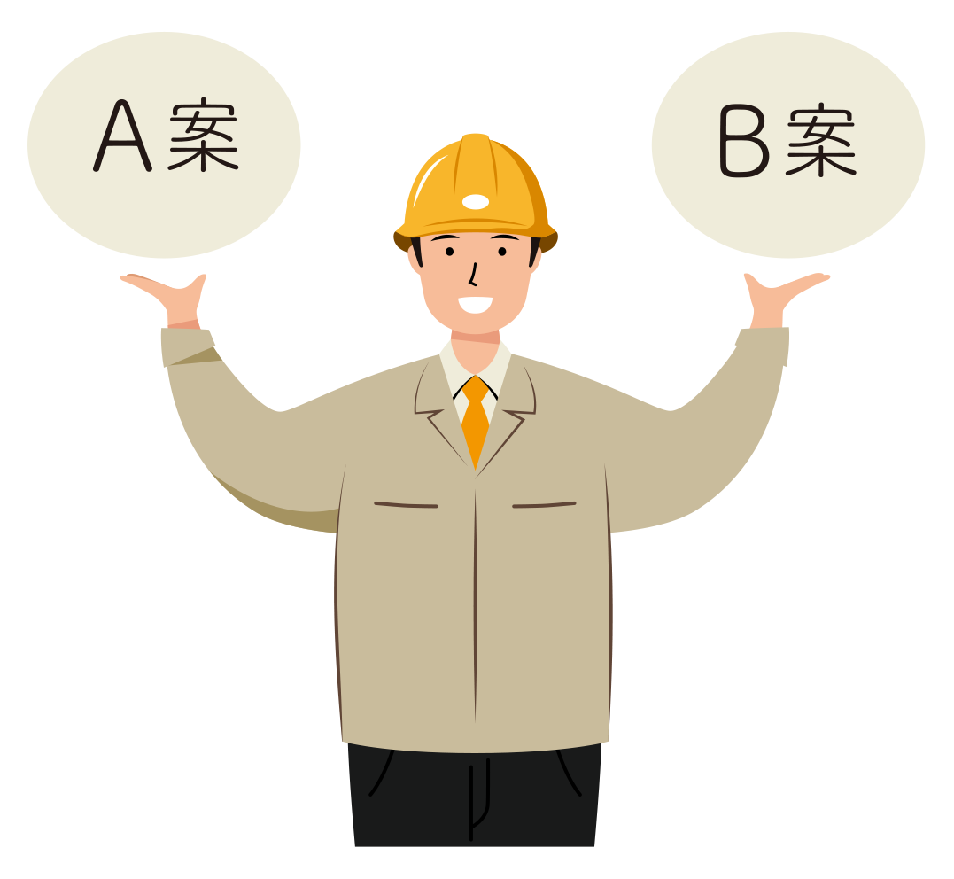 明るい笑顔で企画提案をする安全ヘルメット着用の作業員のイラスト-上半身