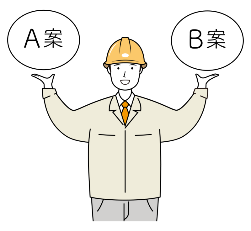 明るい笑顔で企画提案をする安全ヘルメット着用の作業員のイラスト-上半身