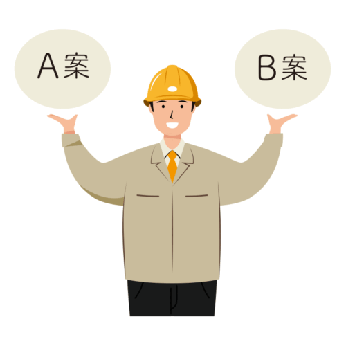 明るい笑顔で企画提案をする安全ヘルメット着用の作業員のイラスト-上半身