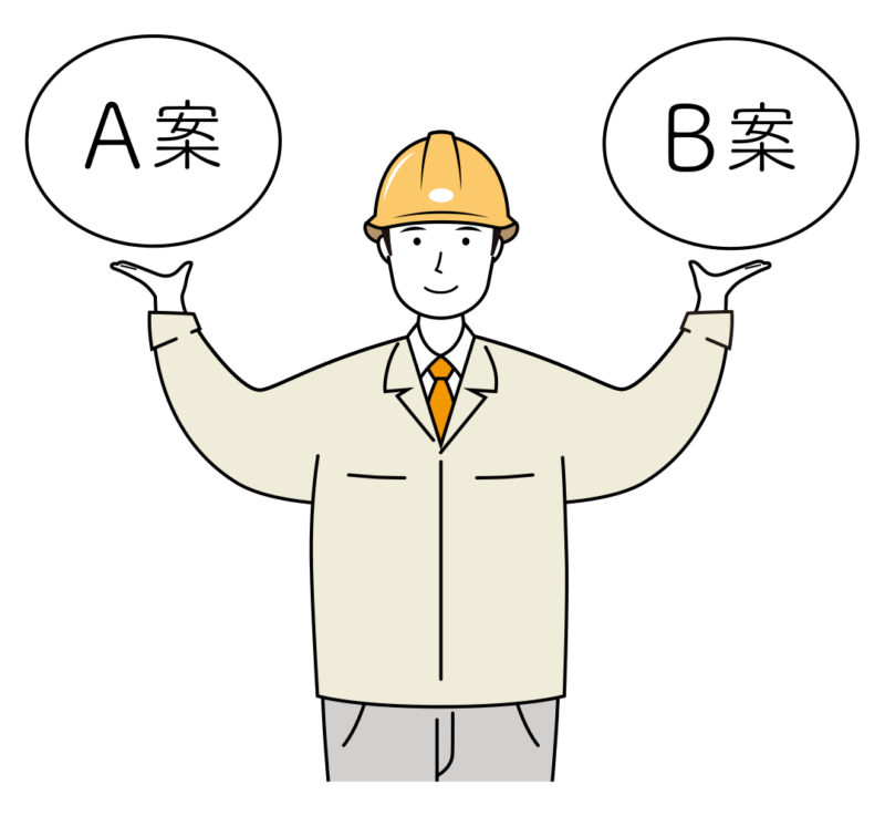 企画提案をする安全ヘルメット着用の作業員のイラスト-上半身