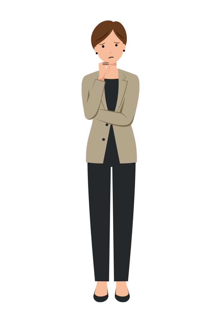 首を傾げ考え込んでいる女性ビジネスマンのイラスト