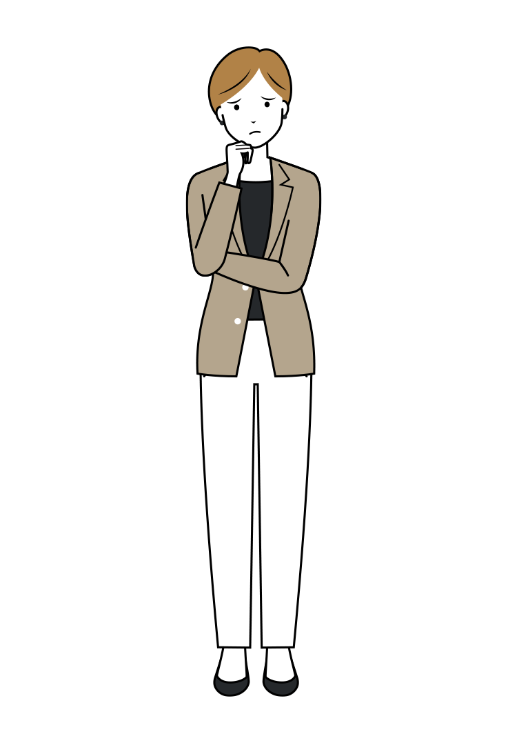首を傾げ考え込んでいる女性ビジネスマンのイラスト
