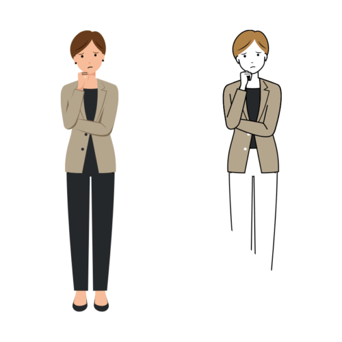 首を傾げ考え込んでいる女性ビジネスマンのイラスト