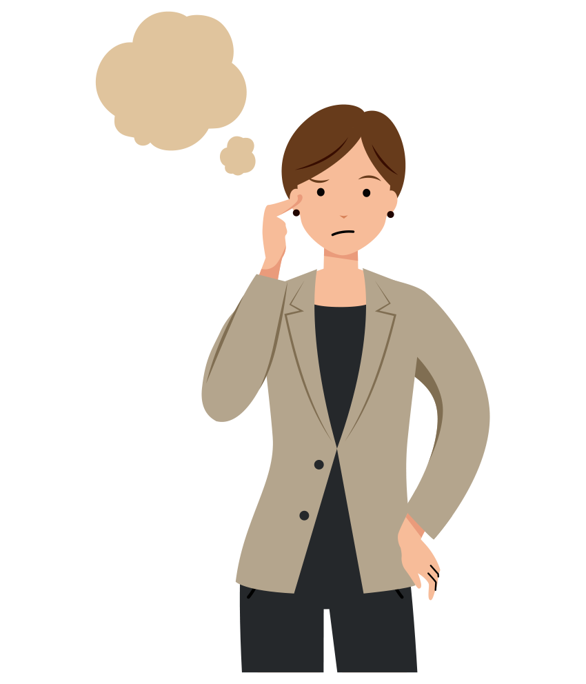 考え悩んでいる女性ビジネスマンイラスト-上半身