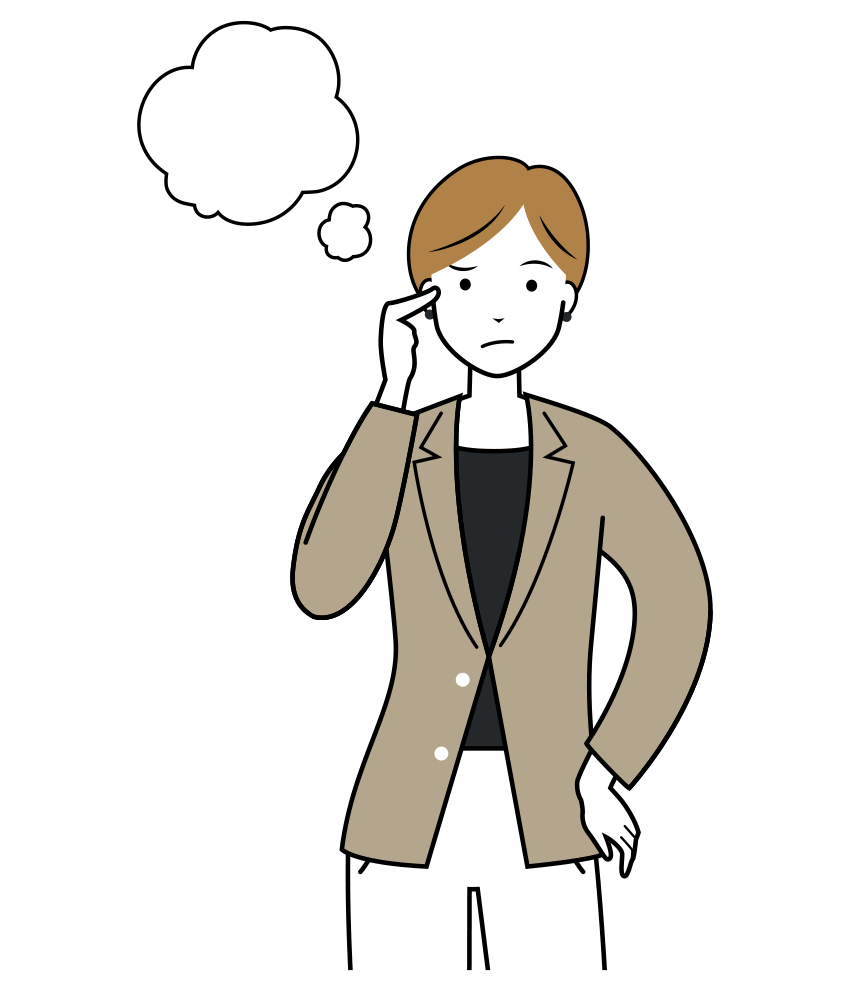 考え悩んでいる女性ビジネスマンイラスト-上半身