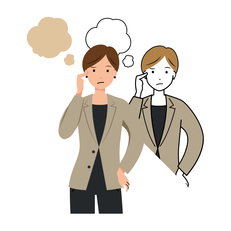 考え悩んでいる女性ビジネスマンイラスト-上半身