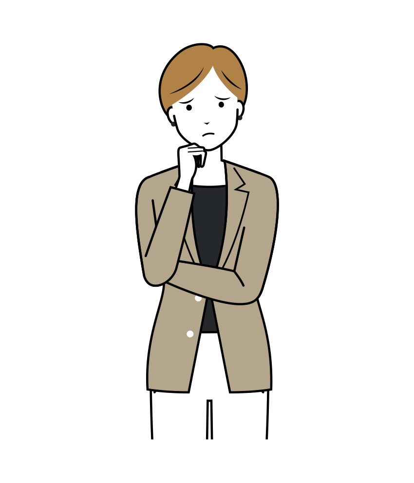 首を傾げ考え込んでいる女性ビジネスマンのイラスト-上半身