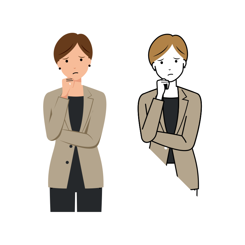 首を傾げ考え込んでいる女性ビジネスマンのイラスト-上半身