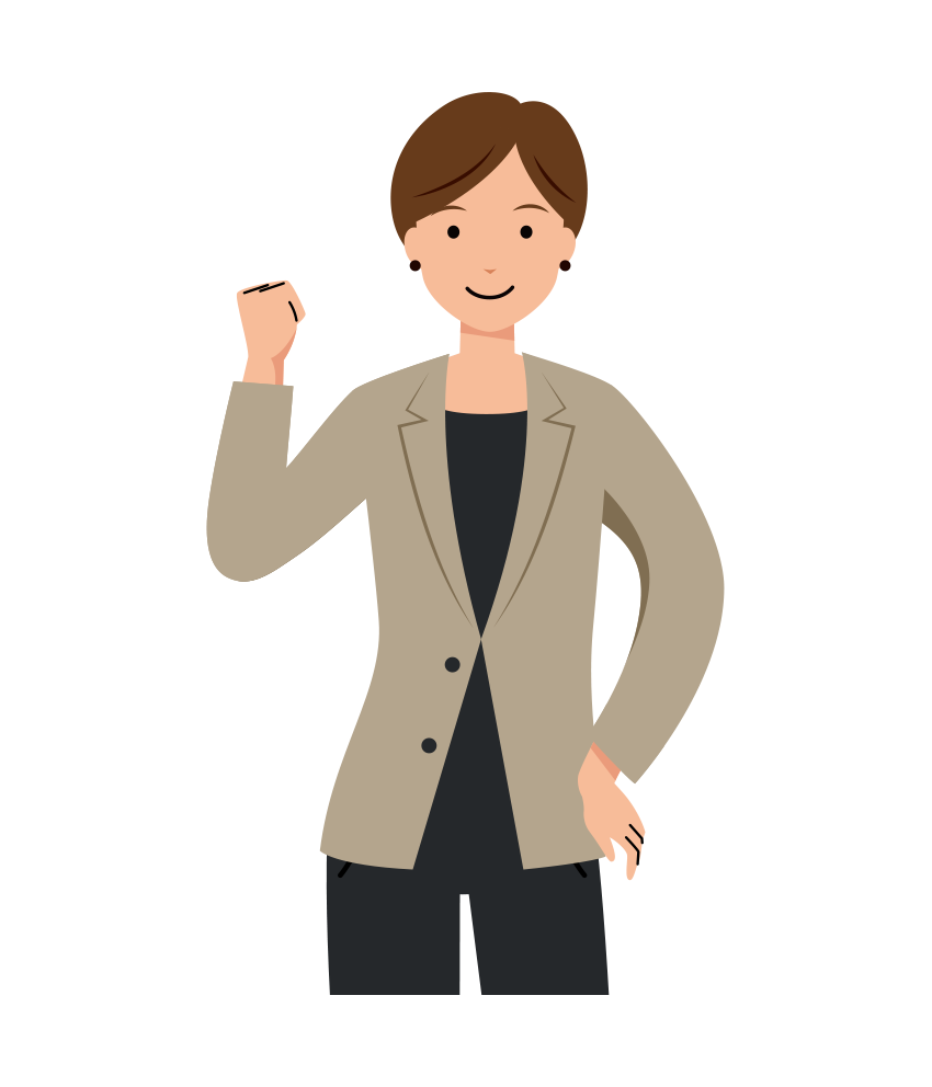 右手でガッツポーズをする女性ビジネスマンのイラスト-上半身