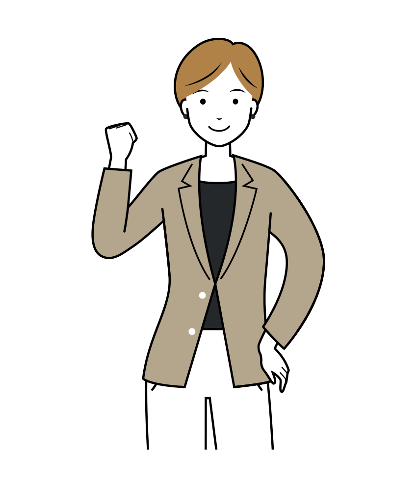 右手でガッツポーズをする女性ビジネスマンのイラスト-上半身