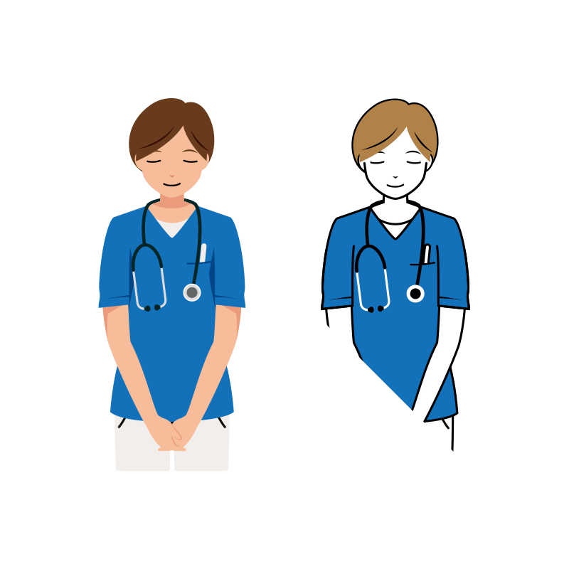 医療 イラスト - 看護師・女性・お辞儀・聴診器・スクラブ・上半身
