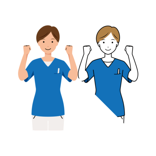 医療 イラスト - 看護師・女性・両手・ガッツポーズ・スクラブ・上半身