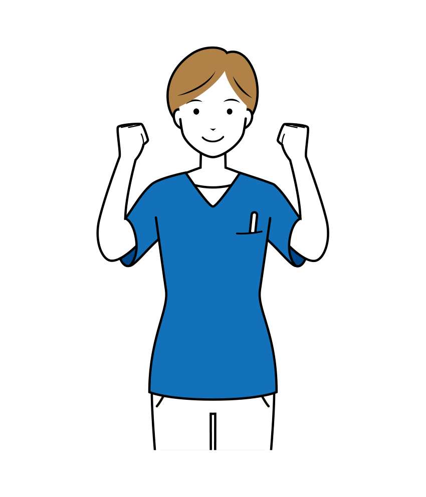 医療 イラスト - 看護師・女性・両手・ガッツポーズ・スクラブ・上半身