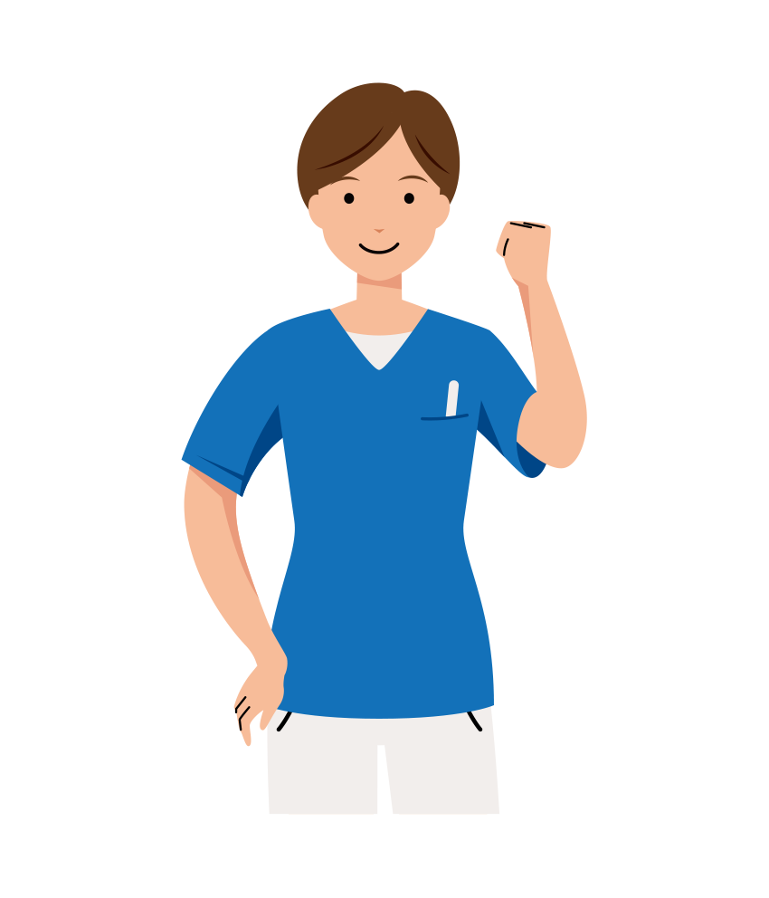 医療 イラスト - 看護師・女性・左手・ガッツポーズ・スクラブ・上半身