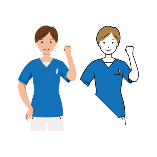 医療 イラスト - 看護師・女性・左手・ガッツポーズ・スクラブ・上半身