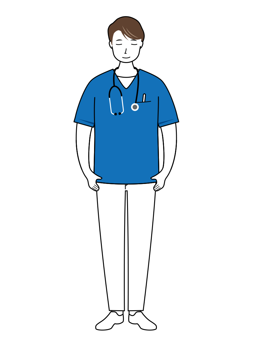 医療 イラスト - 看護師・男性・お辞儀・聴診器・スクラブ