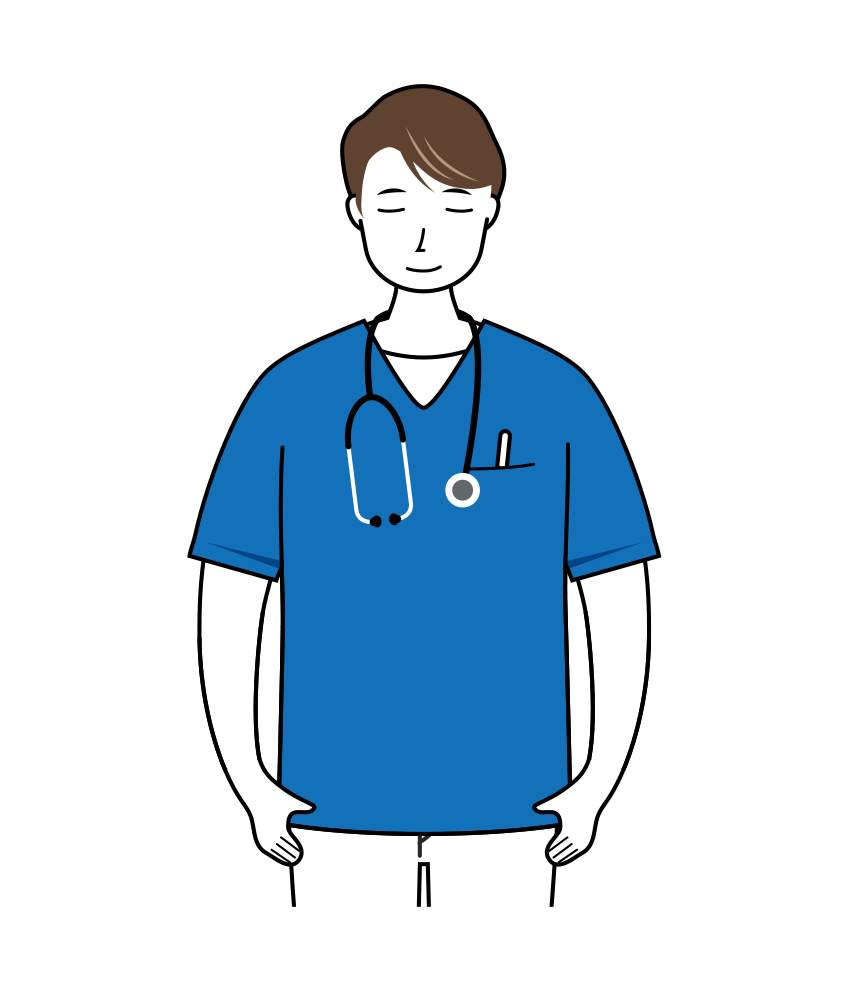 丁寧にお辞儀（会釈）をする男性介護士のイラスト（上半身）