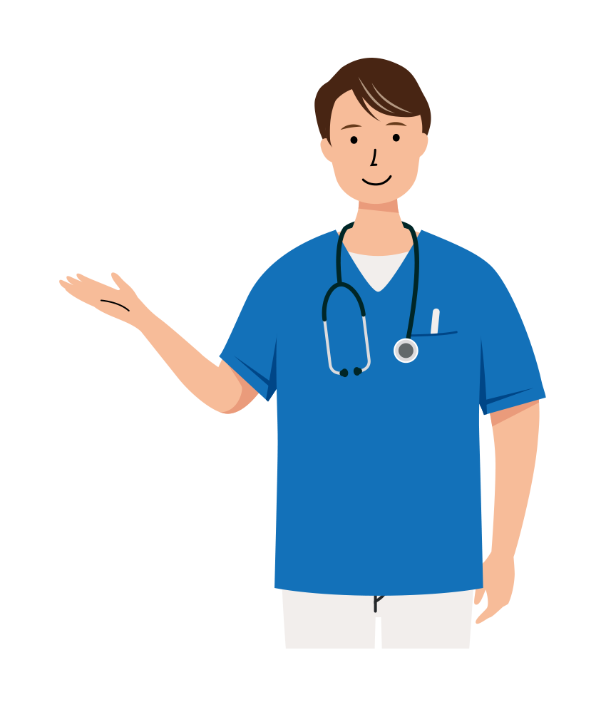 丁寧な対応で案内している男性看護師のイラストです。（上半身）
