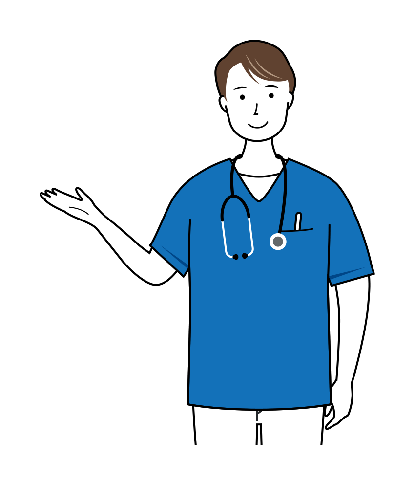丁寧な対応で案内している男性看護師のイラストです。（上半身）