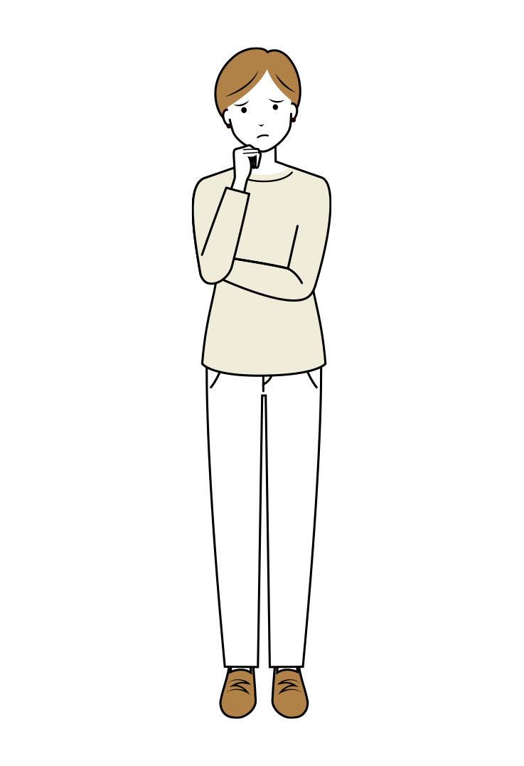 首を傾げ考え込んでいる女性のイラスト