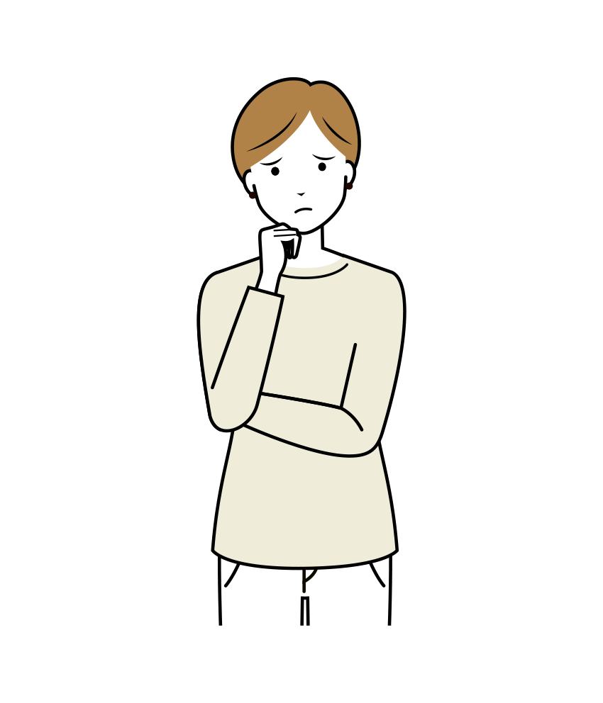 首を傾げ考え込んでいる女性のイラスト-上半身