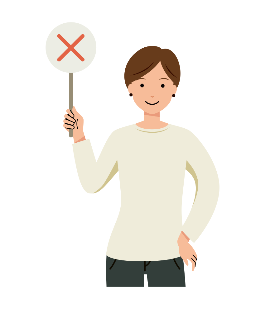 バツの札を上げる女性のイラスト-上半身