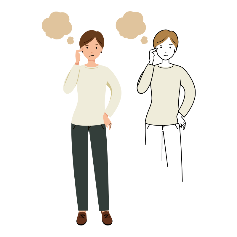 考え悩んでいる女性のイラスト