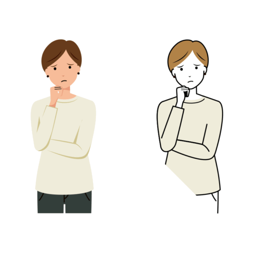 首を傾げ考え込んでいる女性のイラスト-上半身