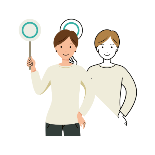 マルの札を上げる女性のイラスト-上半身