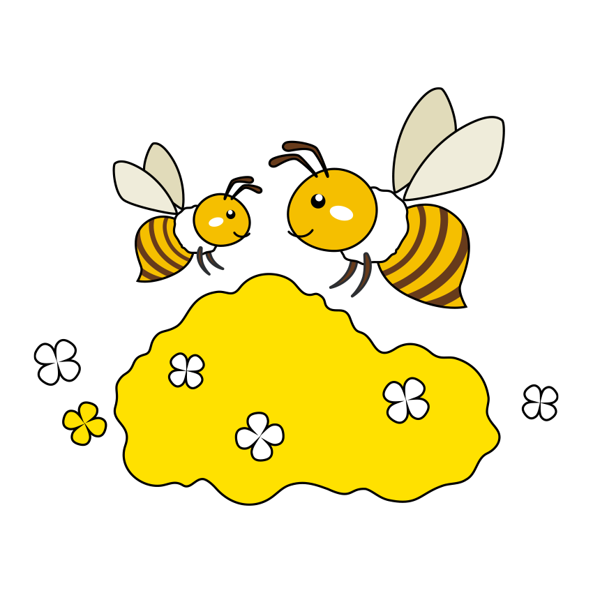 菜の花で遊ぶミツバチのイラスト