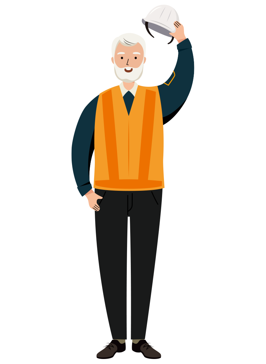 ヘルメットを取り挨拶をする交通誘導員のイラスト-男性年配者