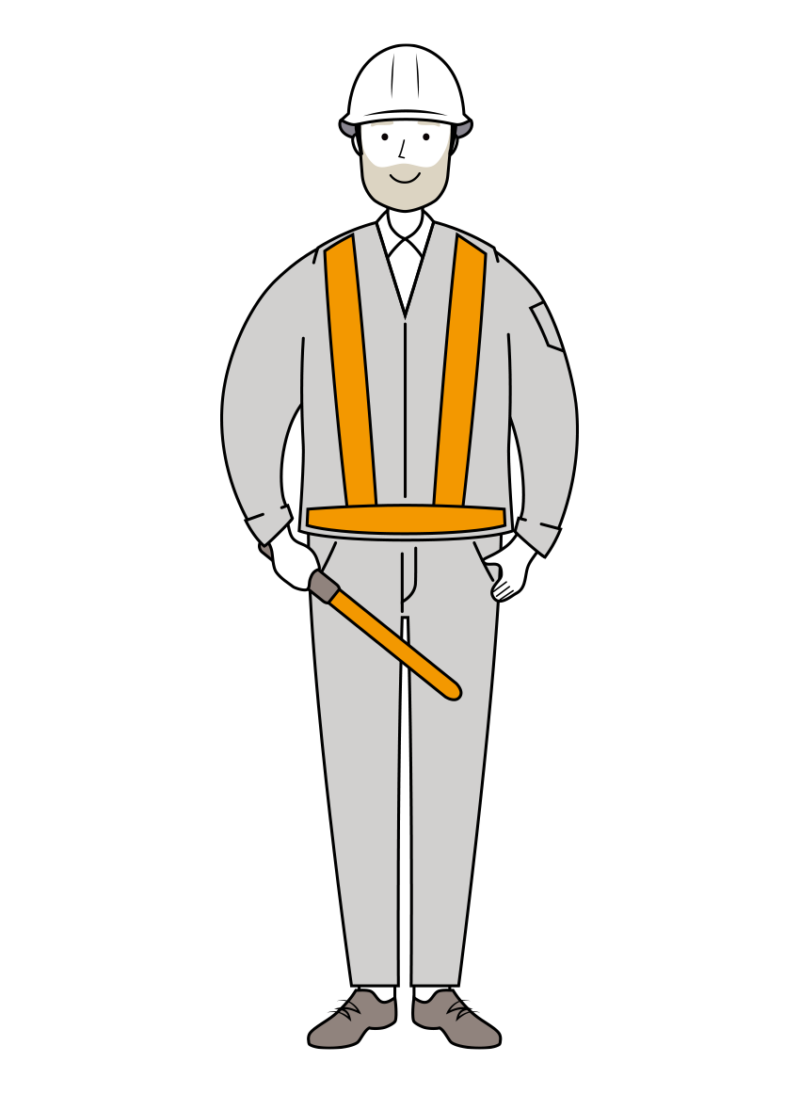 誘導棒を持った紺色の制服姿の交通誘導員のイラスト-年配者