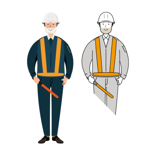 誘導棒を持った紺色の制服姿の交通誘導員のイラスト-年配者