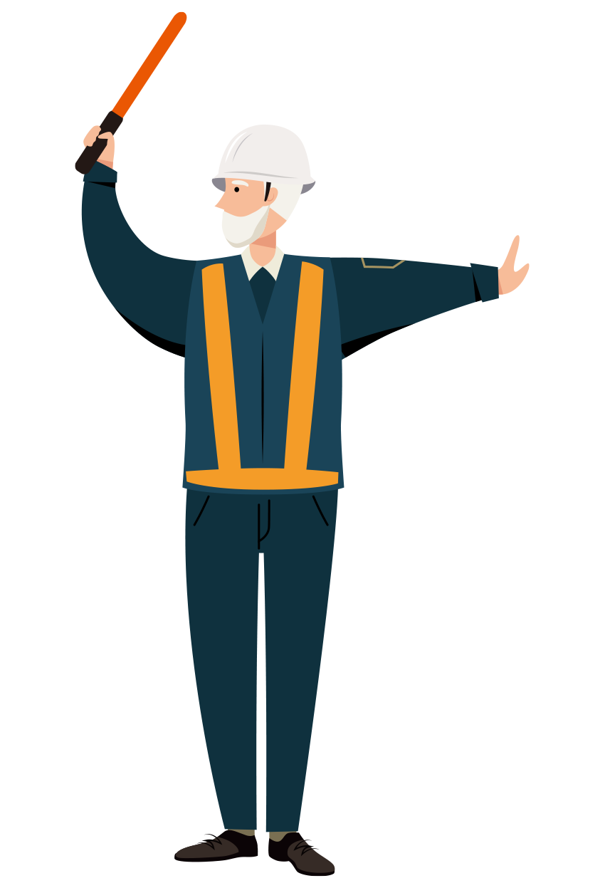 紺色の制服を着て交通整理をする交通誘導員のイラスト-年配者
