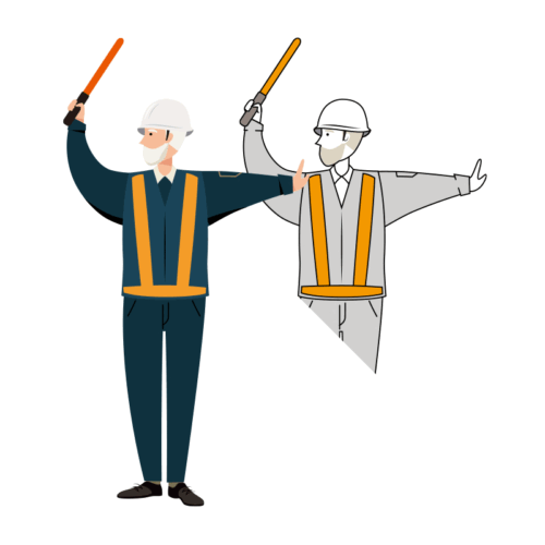 紺色の制服を着て交通整理をする交通誘導員のイラスト-年配者
