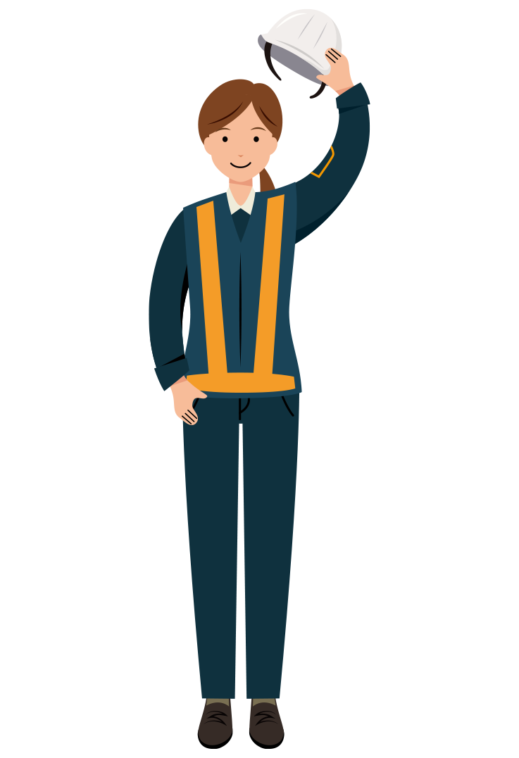 ヘルメットを取り挨拶をする紺色制服姿の交通誘導員のイラスト-女性
