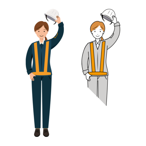 ヘルメットを取り挨拶をする紺色制服姿の交通誘導員のイラスト-女性