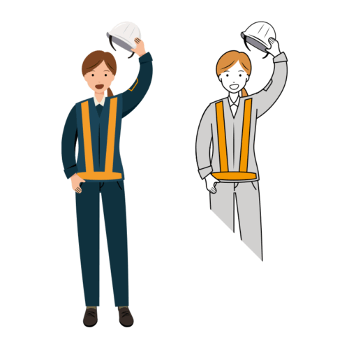 笑顔で挨拶をする紺色制服姿の交通誘導員のイラスト-女性