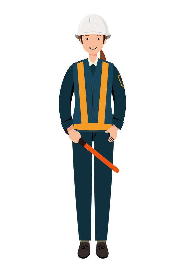 誘導棒を持った紺色の制服姿の交通誘導員のイラスト-女性