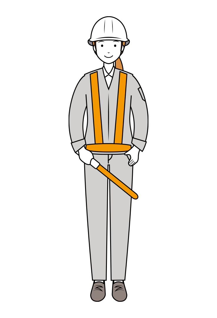 誘導棒を持った紺色の制服姿の交通誘導員のイラスト-女性